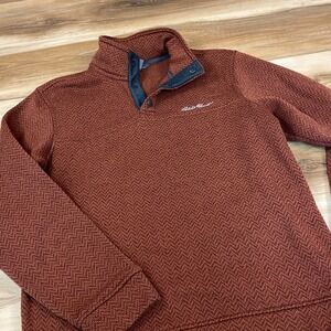Eddie Bauer Mens Herringbone Fleece Pullover Medium Sweater Rust Snap Mock Neck